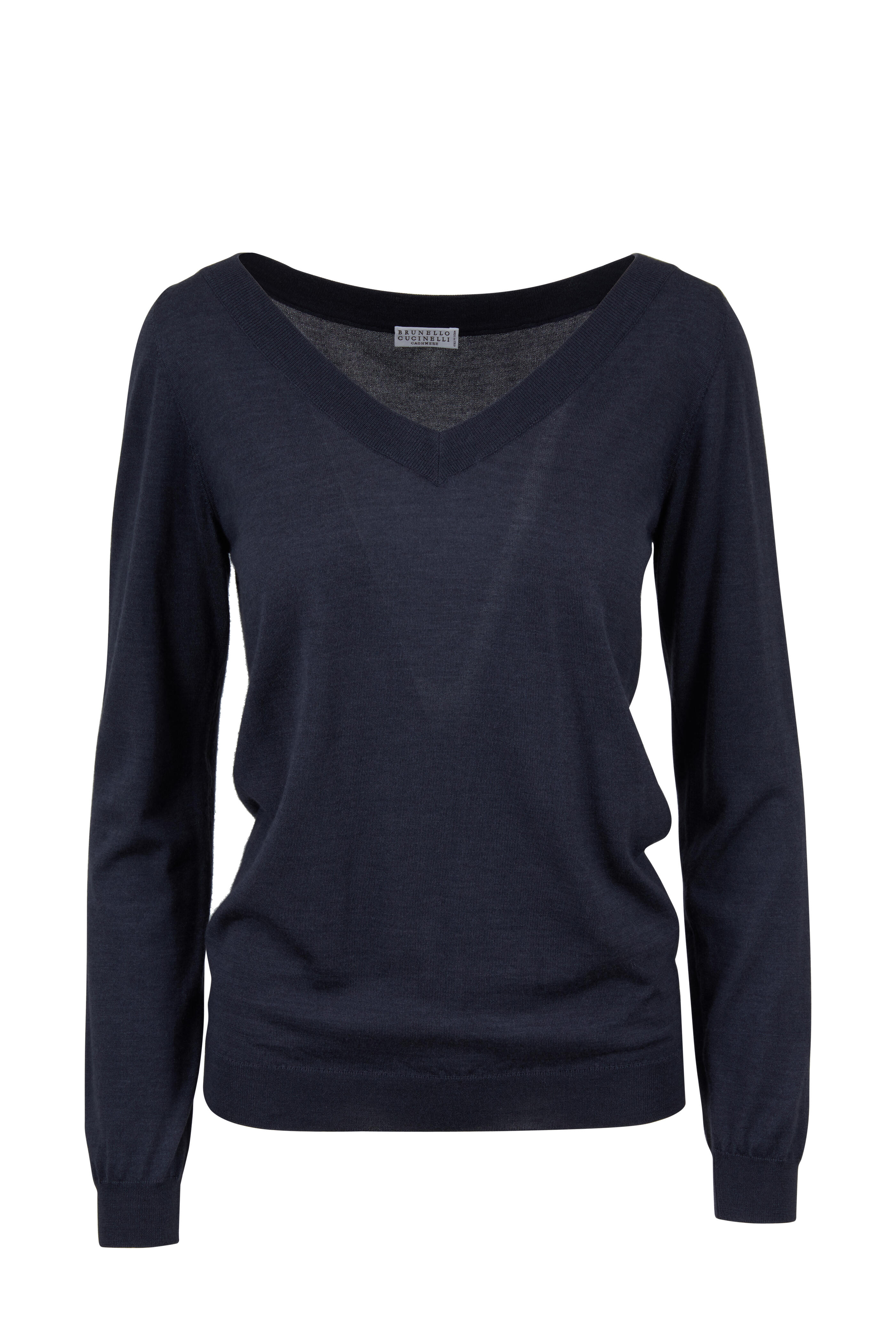 Brunello Cucinelli - Midnight Cashmere & Silk V-Neck Sweater