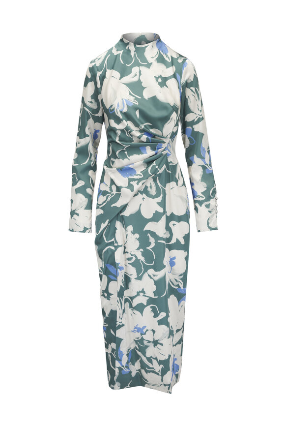 Lela Rose Floral Satin Crepe Long Sleeve Draped Sheath Dress