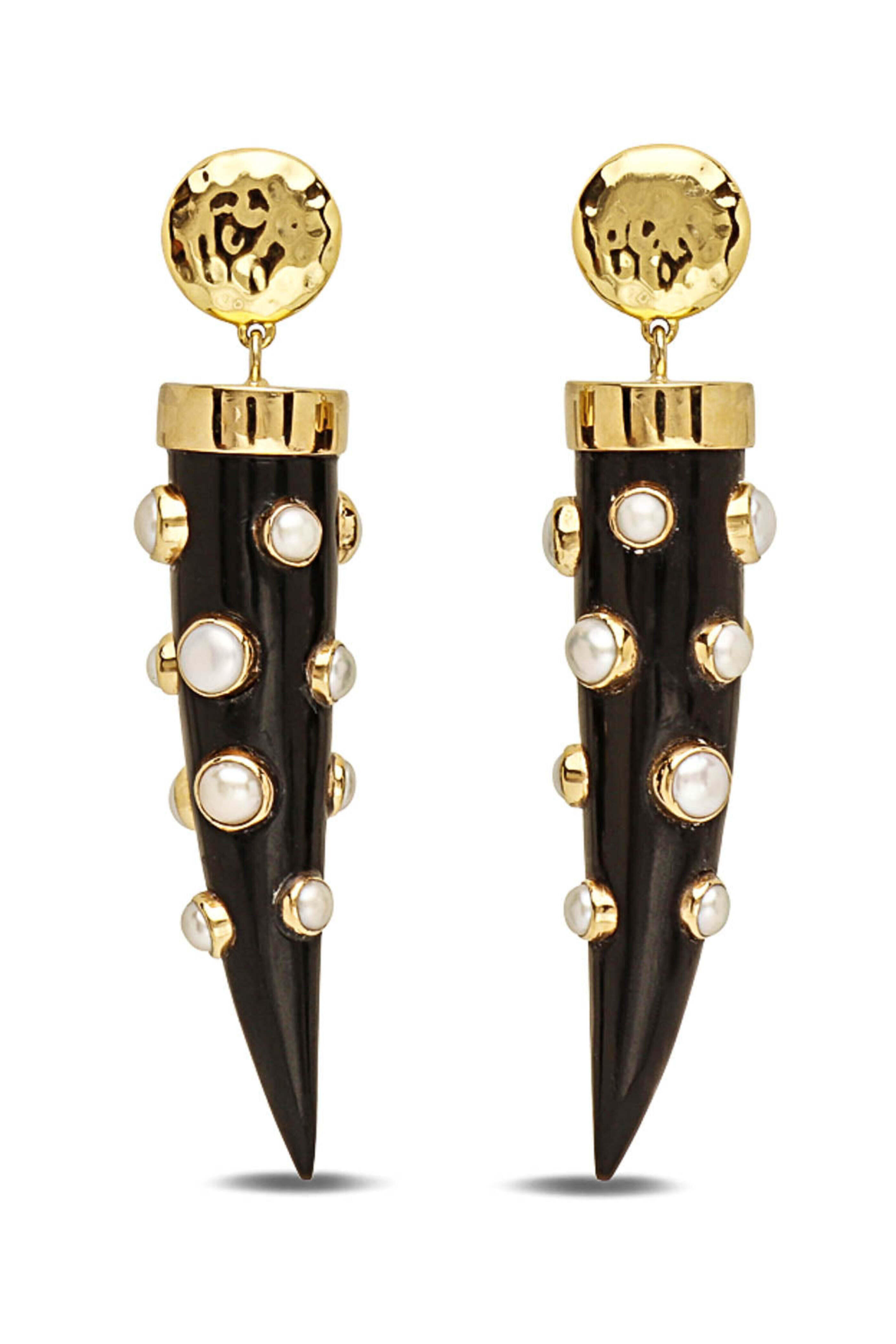 Nest Jewelry - Pearl Studded Black Horn Tusk Drop Earrings