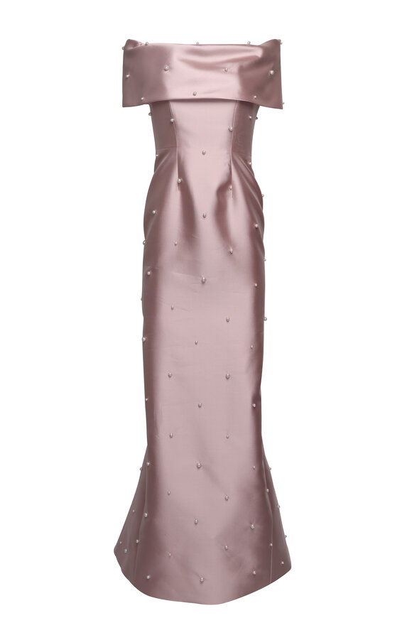 Catherine Regehr Pink Off the Shoulder Scattered Pearl Gown