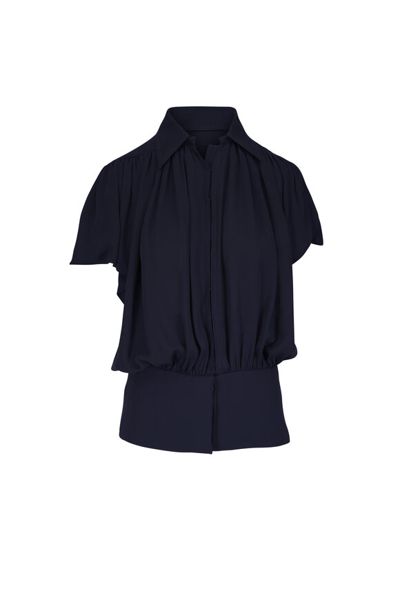 Lanvin Dark Navy Puff Sleeve Silk Blouse