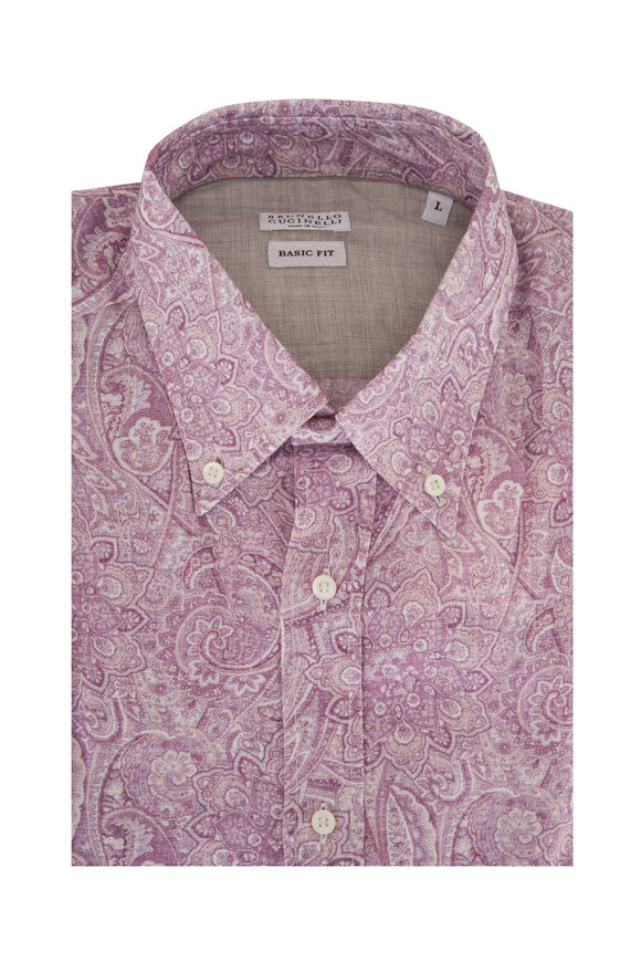 Brunello Cucinelli Purple Paisley Print Linen Sport Shirt