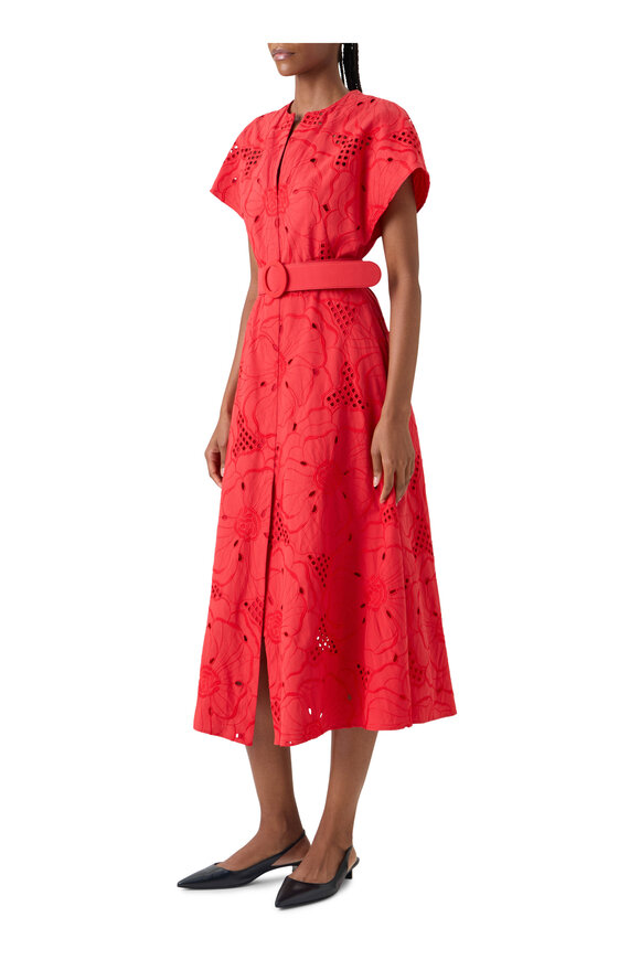 Akris Punto Red Floral Eyelet Embroidered Belted Midi Dress - view 4