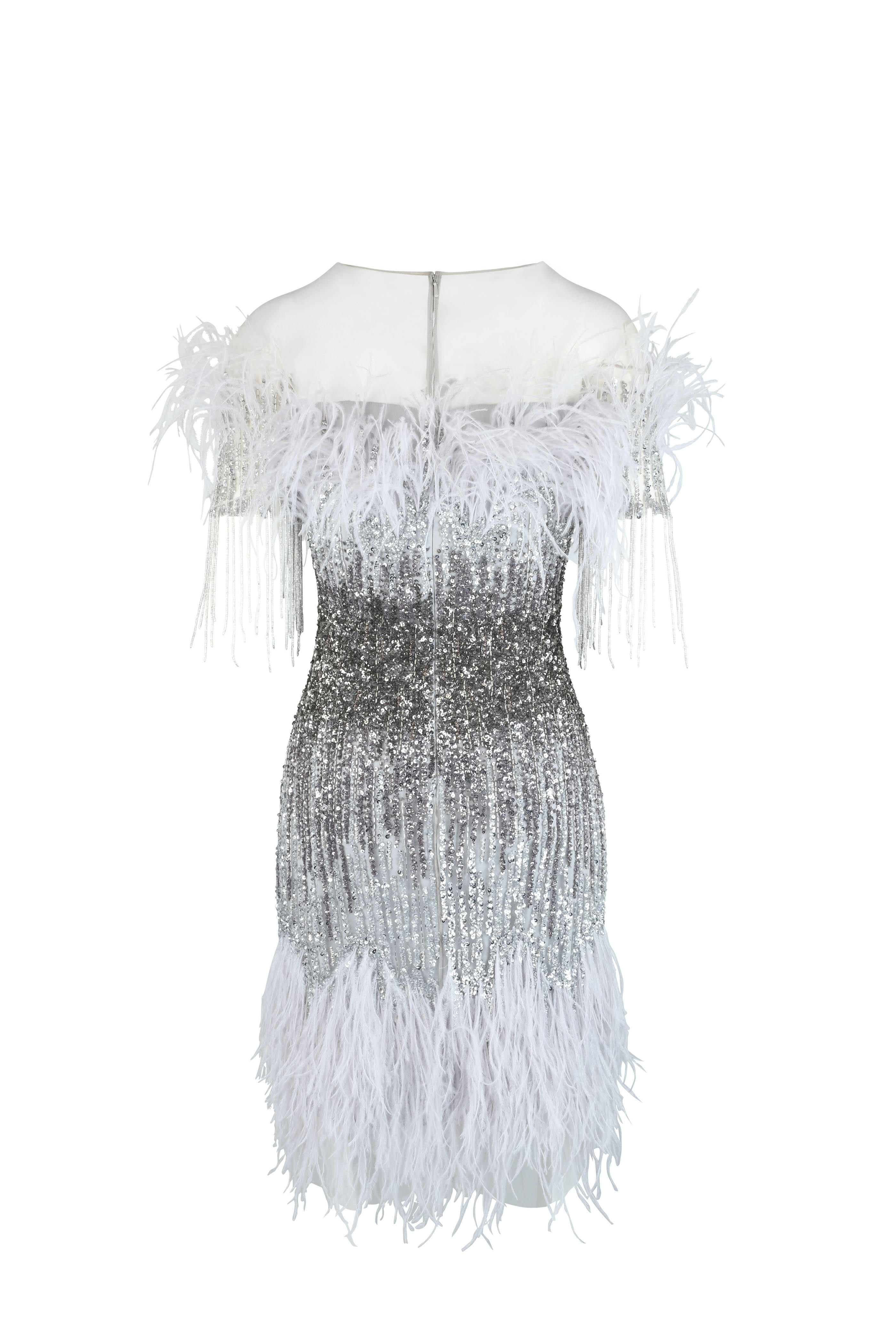 Pamella Roland Silver Gunmetal Sequin Feather Cocktail Dress