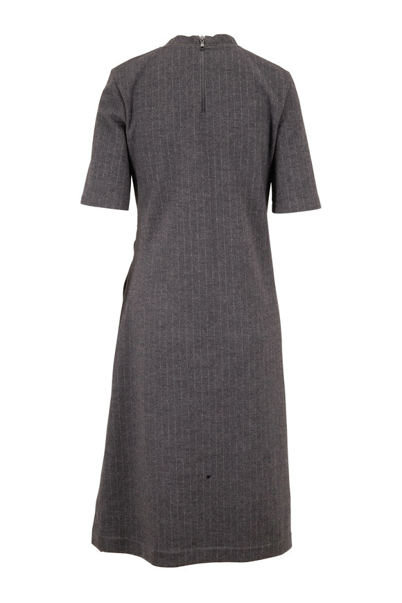 Brunello Cucinelli - Anthracite Wool Pinstriped Short Sleeve Dress 