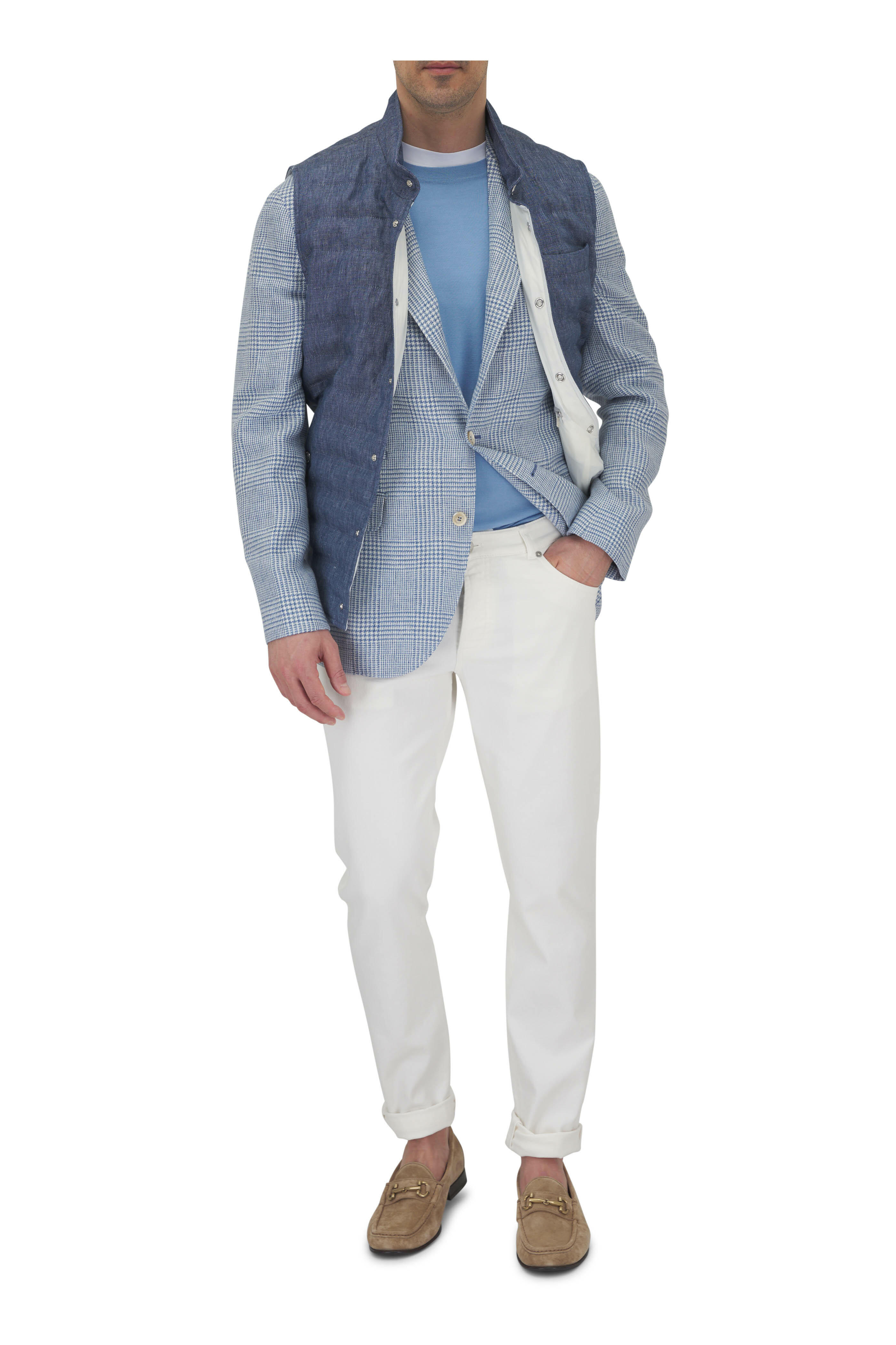 BULUNELLO CUCINELLI☆未使用☆ Brunello Cucinelli - Quilted Blue Linen & Wool Puffer Vest