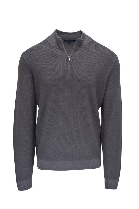 Patrick Assaraf - Slate Textured Merino Wool Quarter Zip Pullover