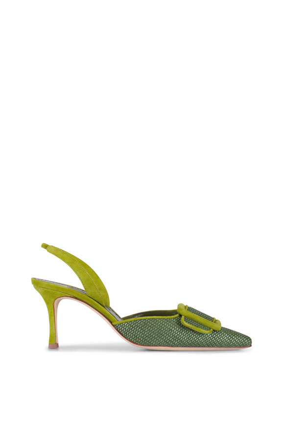 Manolo Blahnik - Mayslibi Dark Green Raffia Slingback, 70mm