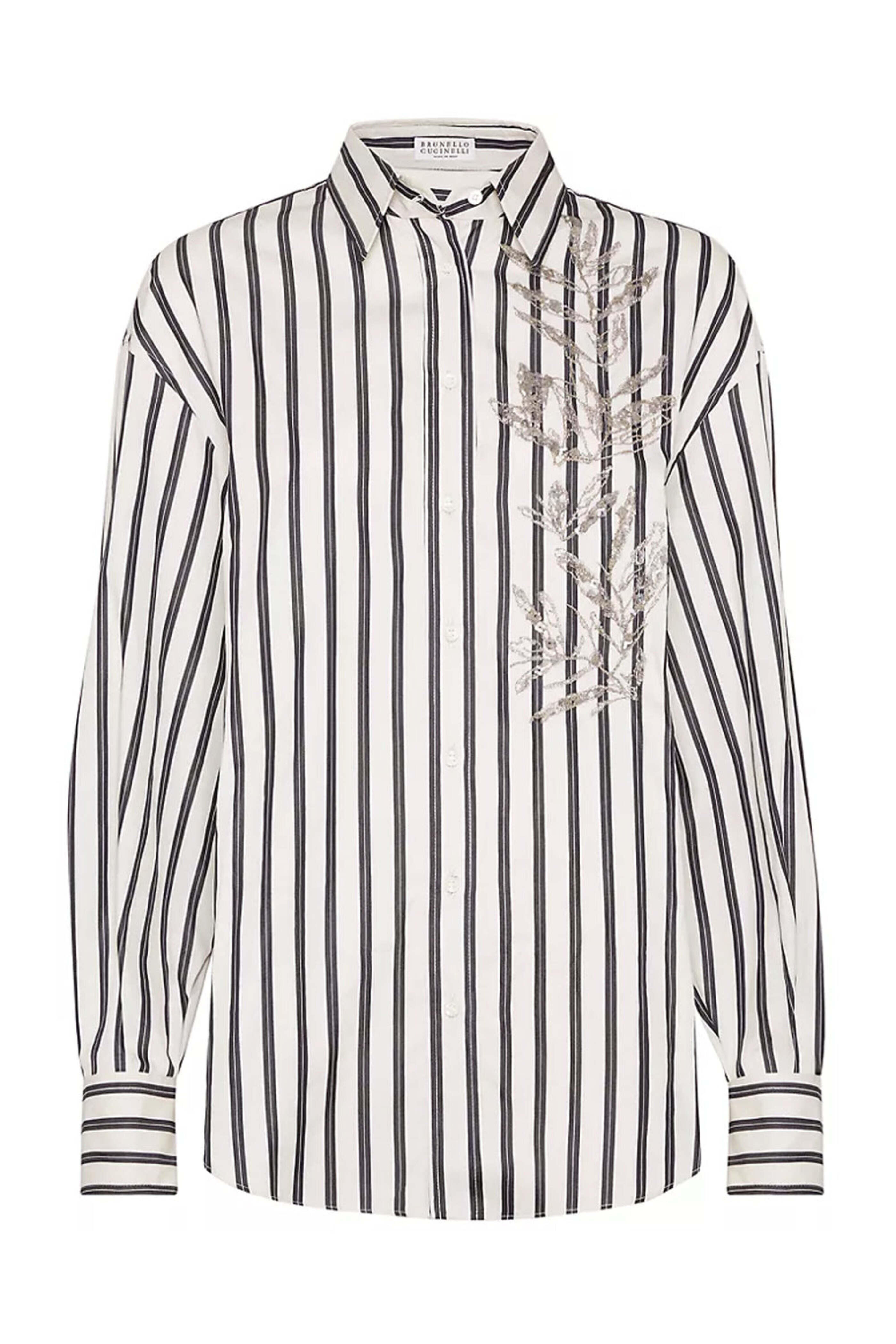 Brunello Cucinelli - White & Black Stripe Herbarium Embroidered Shirt