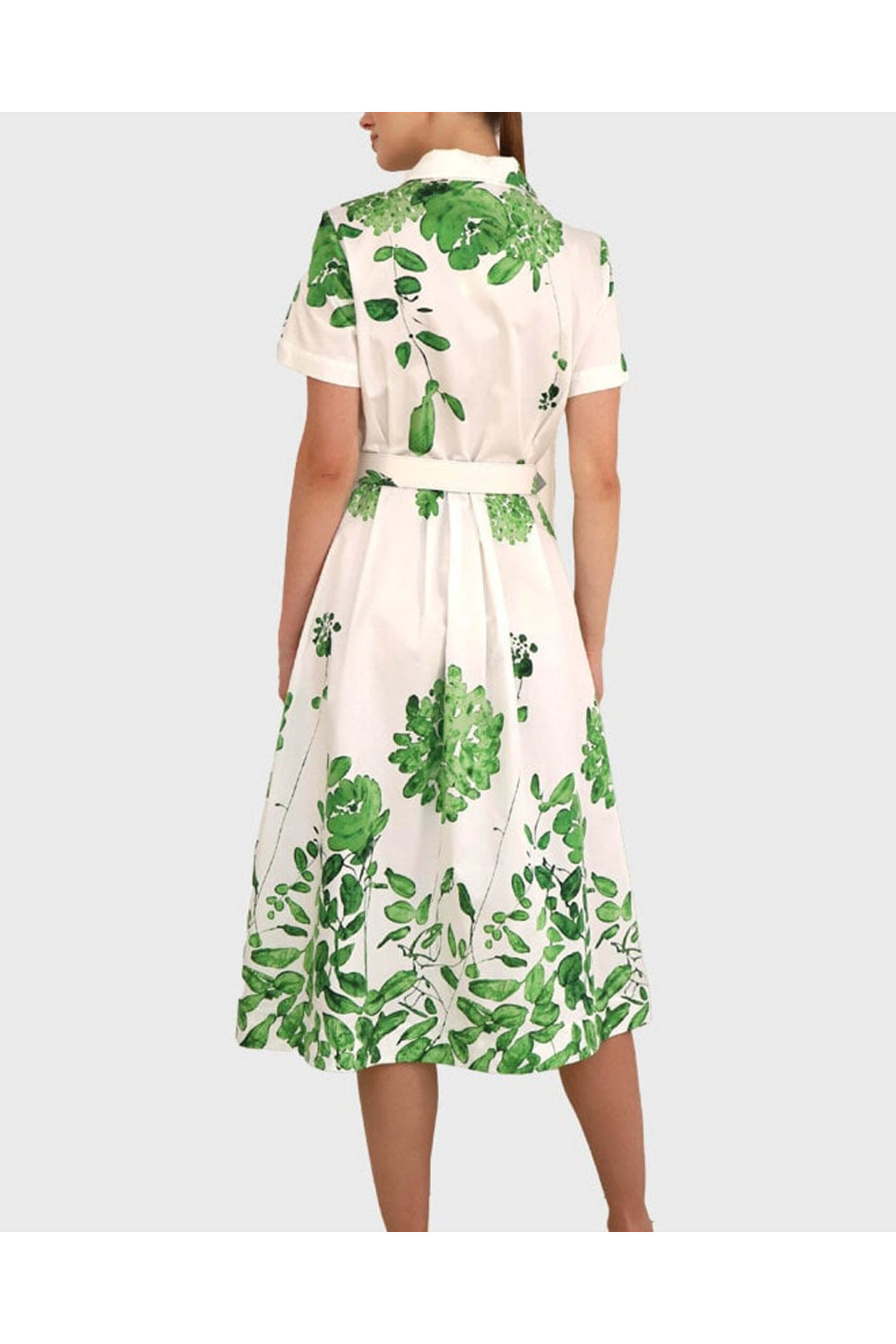 Rani Arabella - White Leaves Belted Ortensia Shirtdress