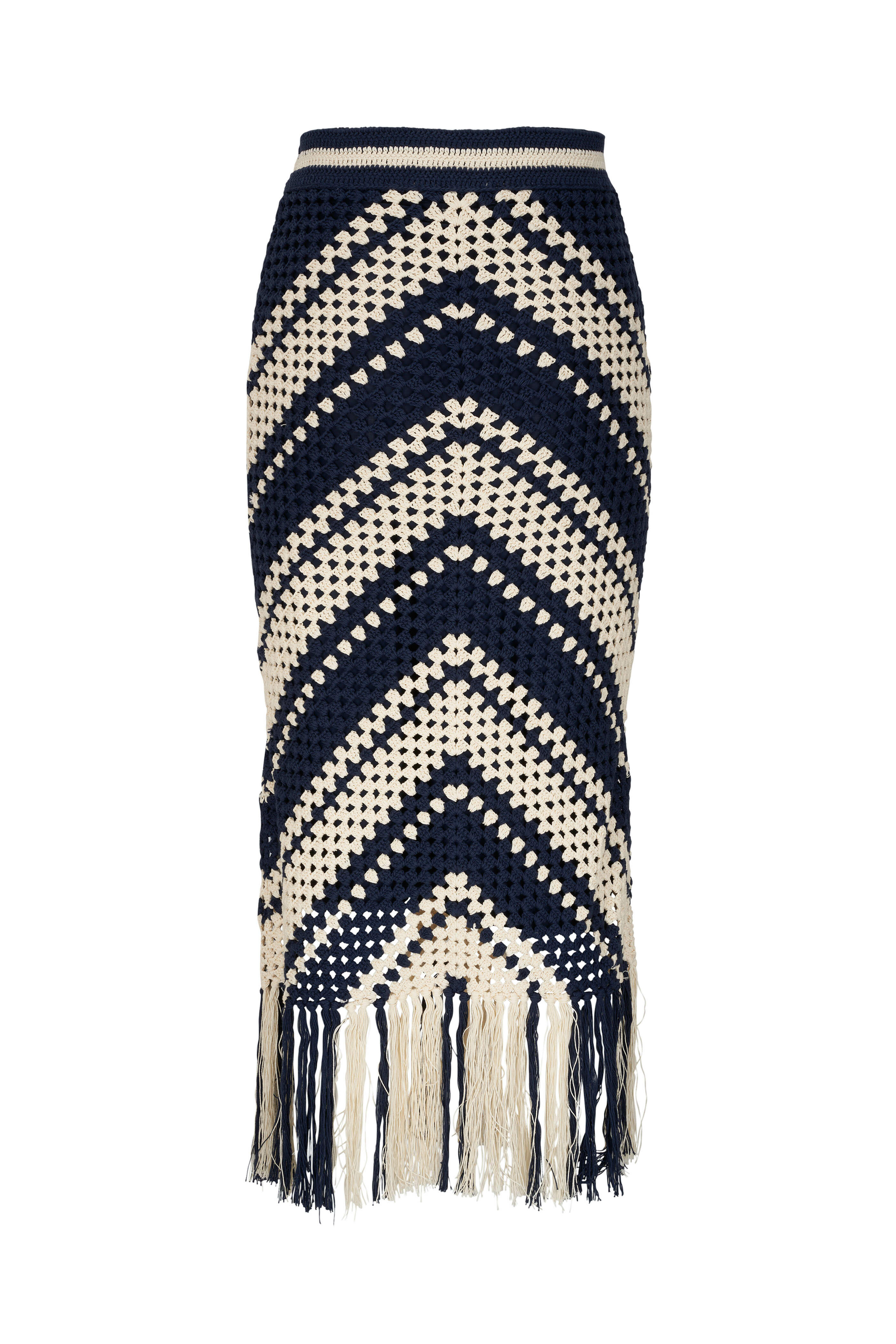 ZIMMERMANN ニット コード サンダル Zimmermann - Chintz Cream & Navy Crochet Fringe Skirt