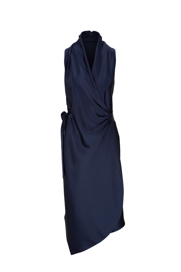 Peter Cohen Victor Marine Heavy Satin Wrap Dress 