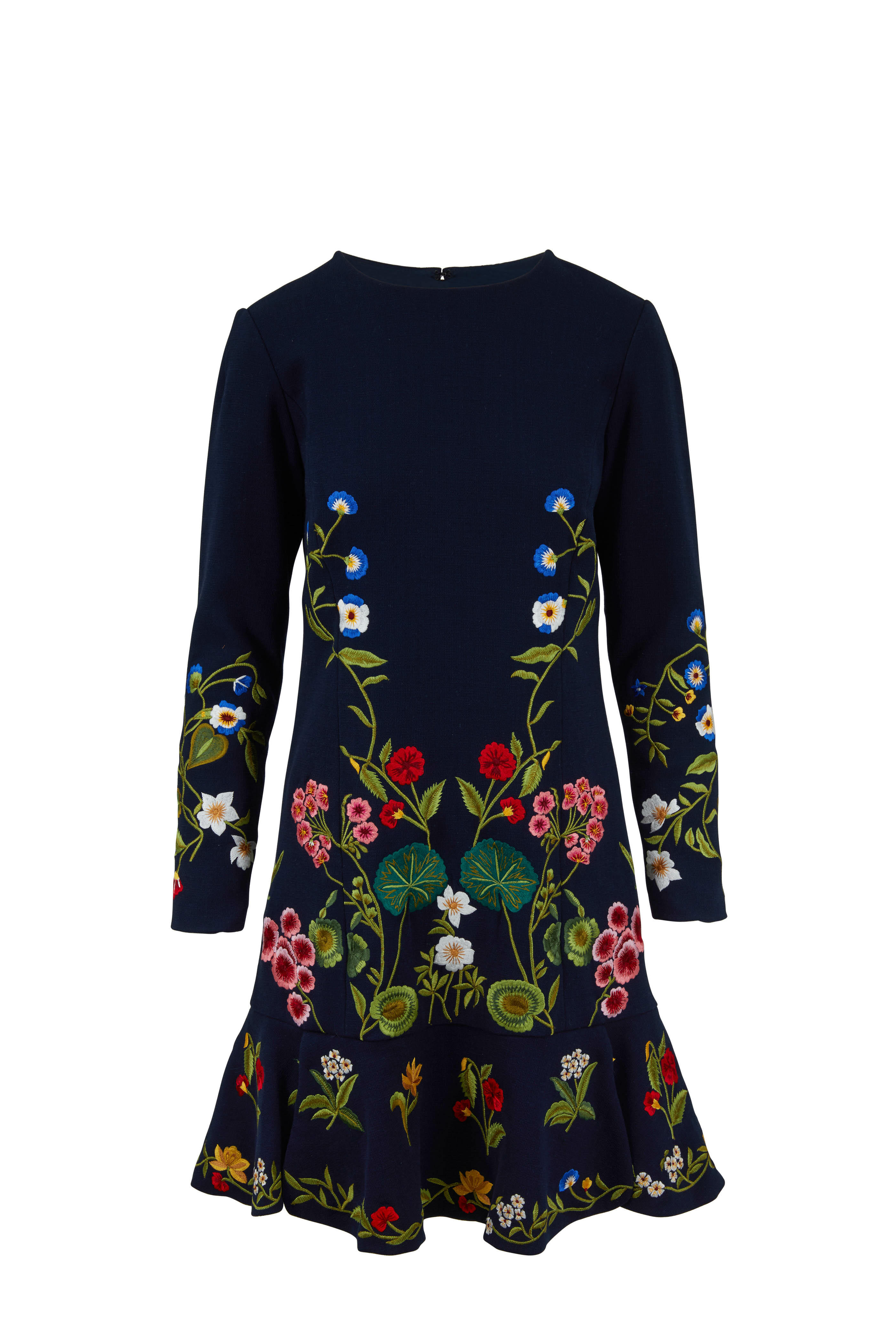 Oscar de la Renta - Navy Floral Embroidered Flounce Hem Dress