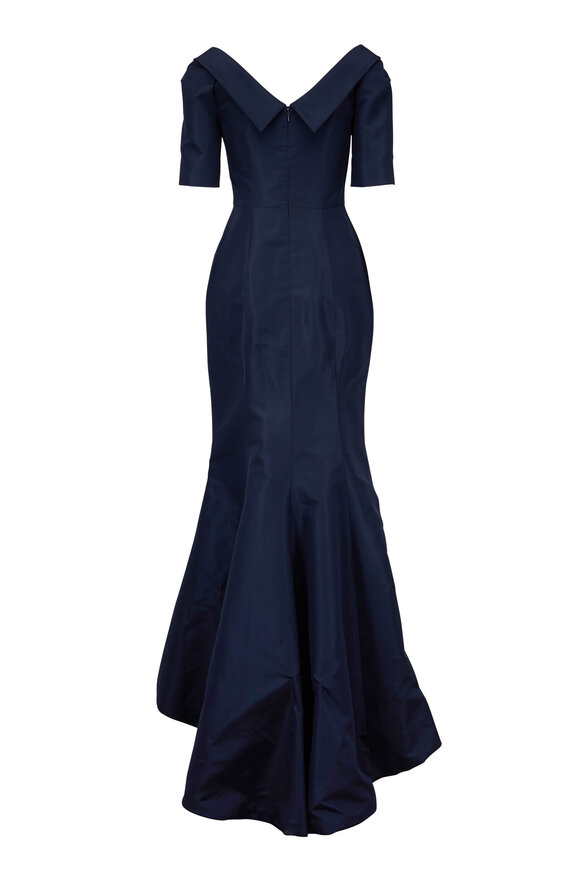 Carolina Herrera - Navy Blue Silk Faille Elbow Sleeve Gown 