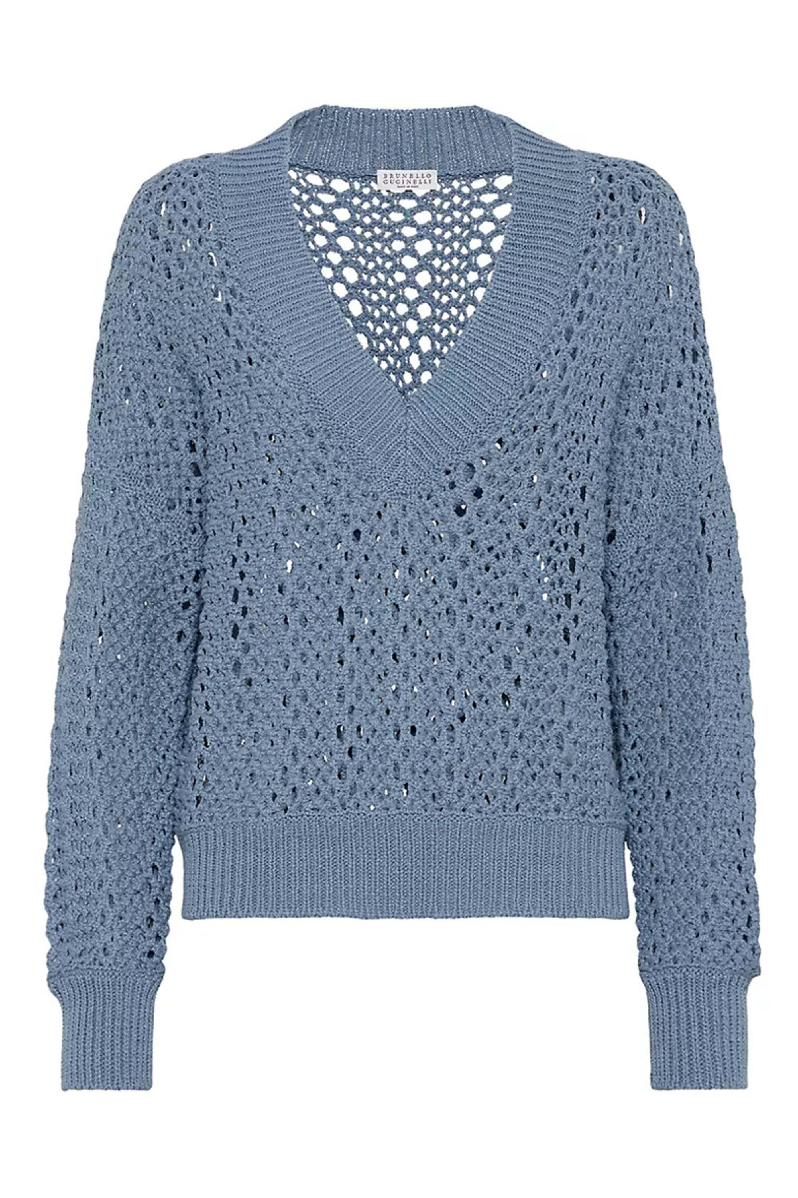 Brunello Cucinelli - Arctic Blue Open Knit V Neck Pullover
