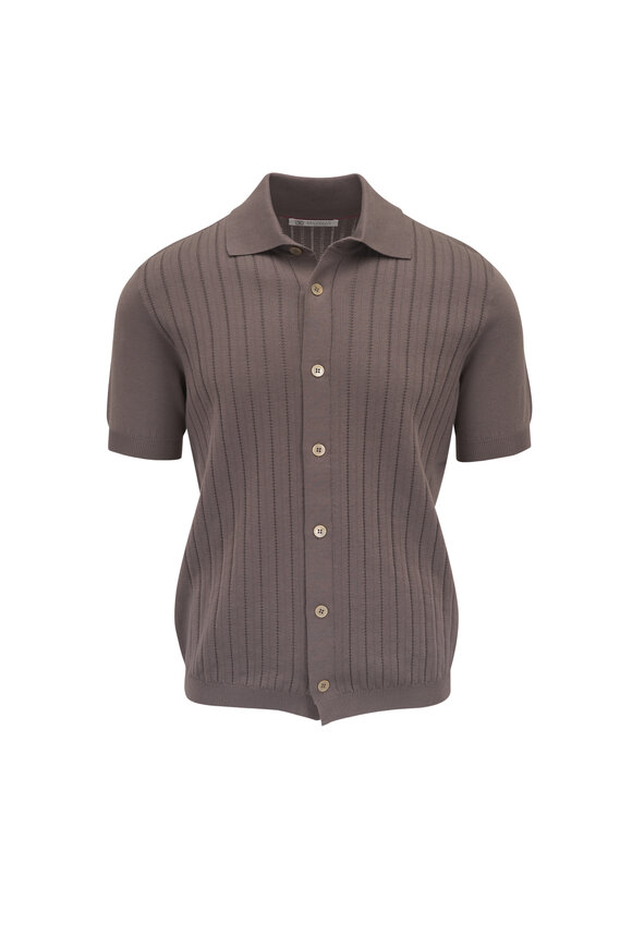 Brunello Cucinelli Nocciola Brown Cotton Ribbed Front Button Sweater