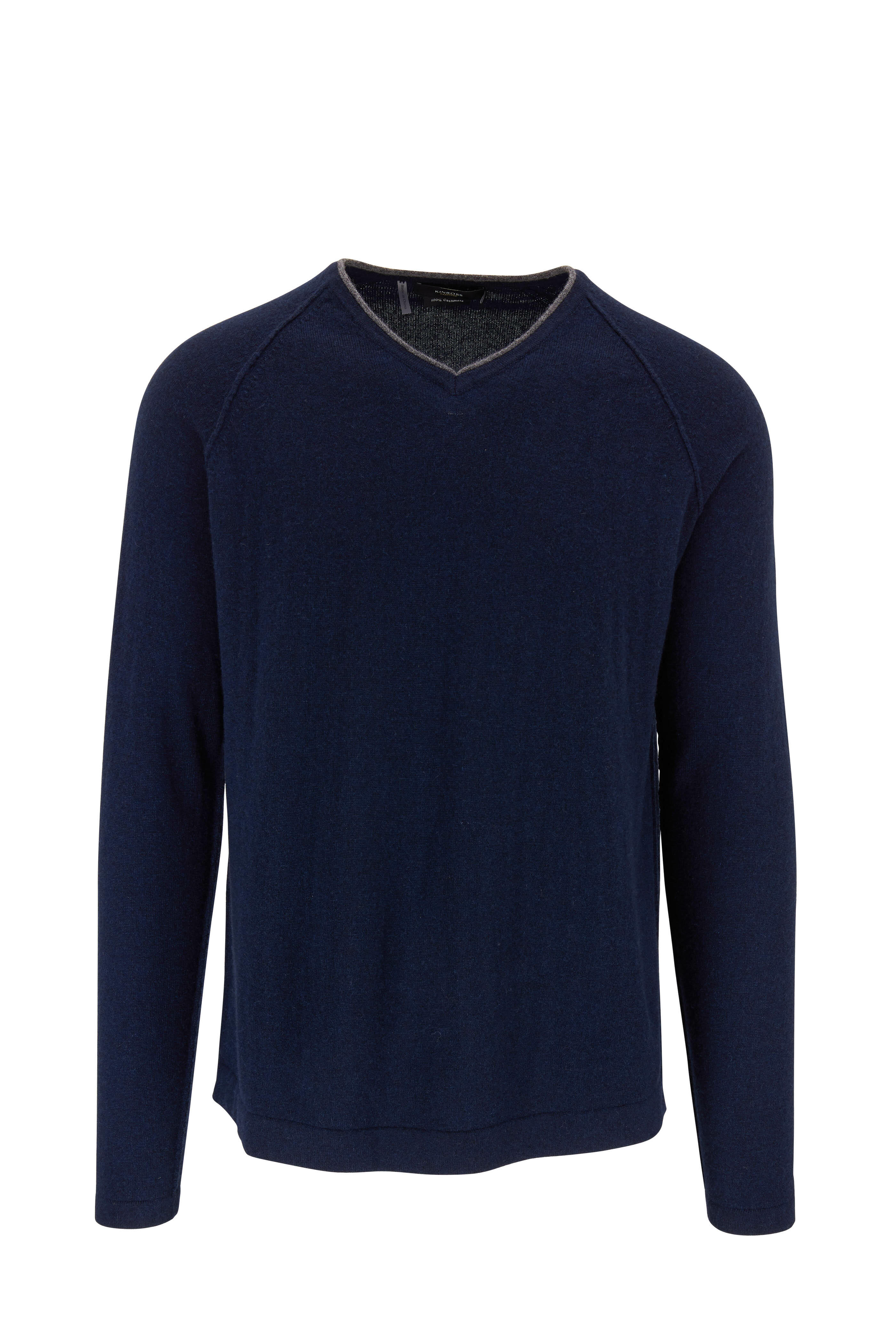 Kinross - Navy Cashmere Exposed Seam V-Neck Sweater