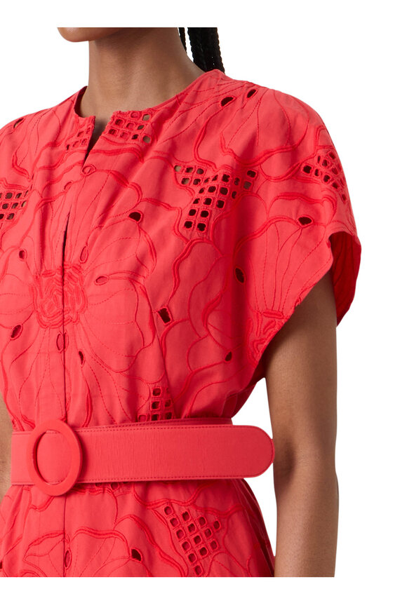 Akris Punto Red Floral Eyelet Embroidered Belted Midi Dress - view 5