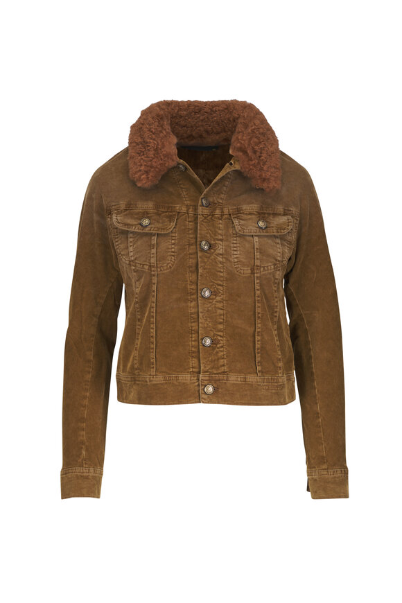 R13 Skinny Trucker Brown Fleece Collar Corduroy Jacket