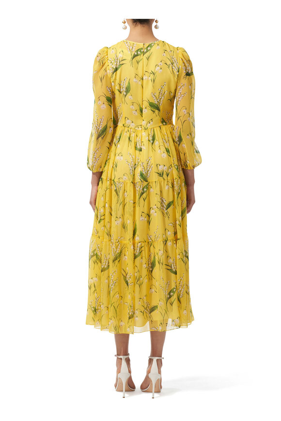 Carolina Herrera - Yellow Floral Cutout Tiered Midi Dress  