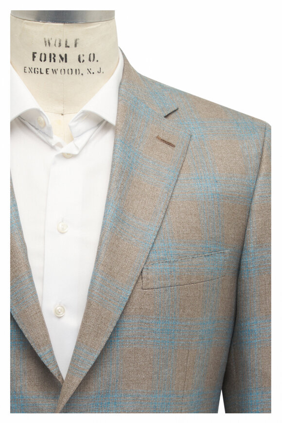 Brioni Tan & Aqua Check Silk & Cashmere Sportcoat