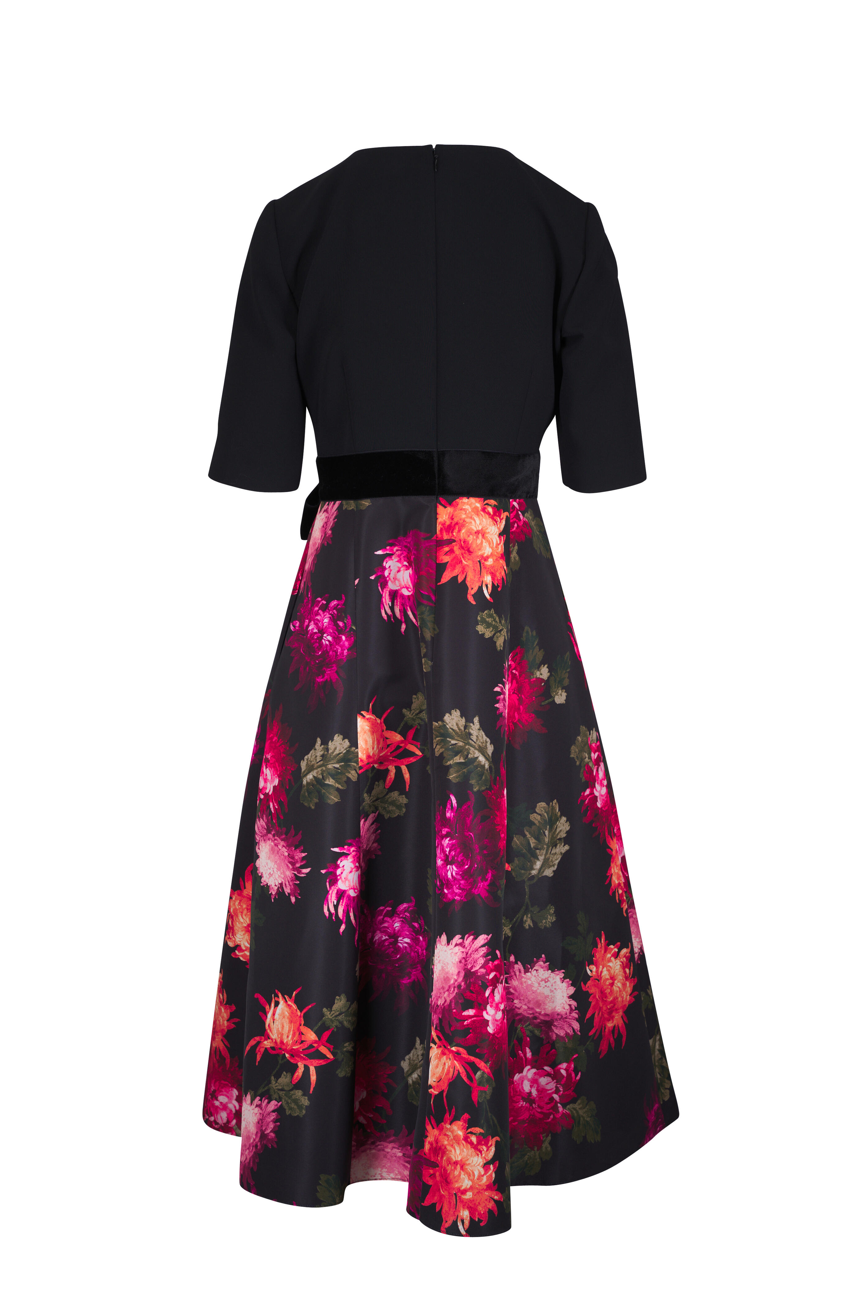 Carolina Herrera - Black Floral Elbow Sleeve Bow Midi Dress