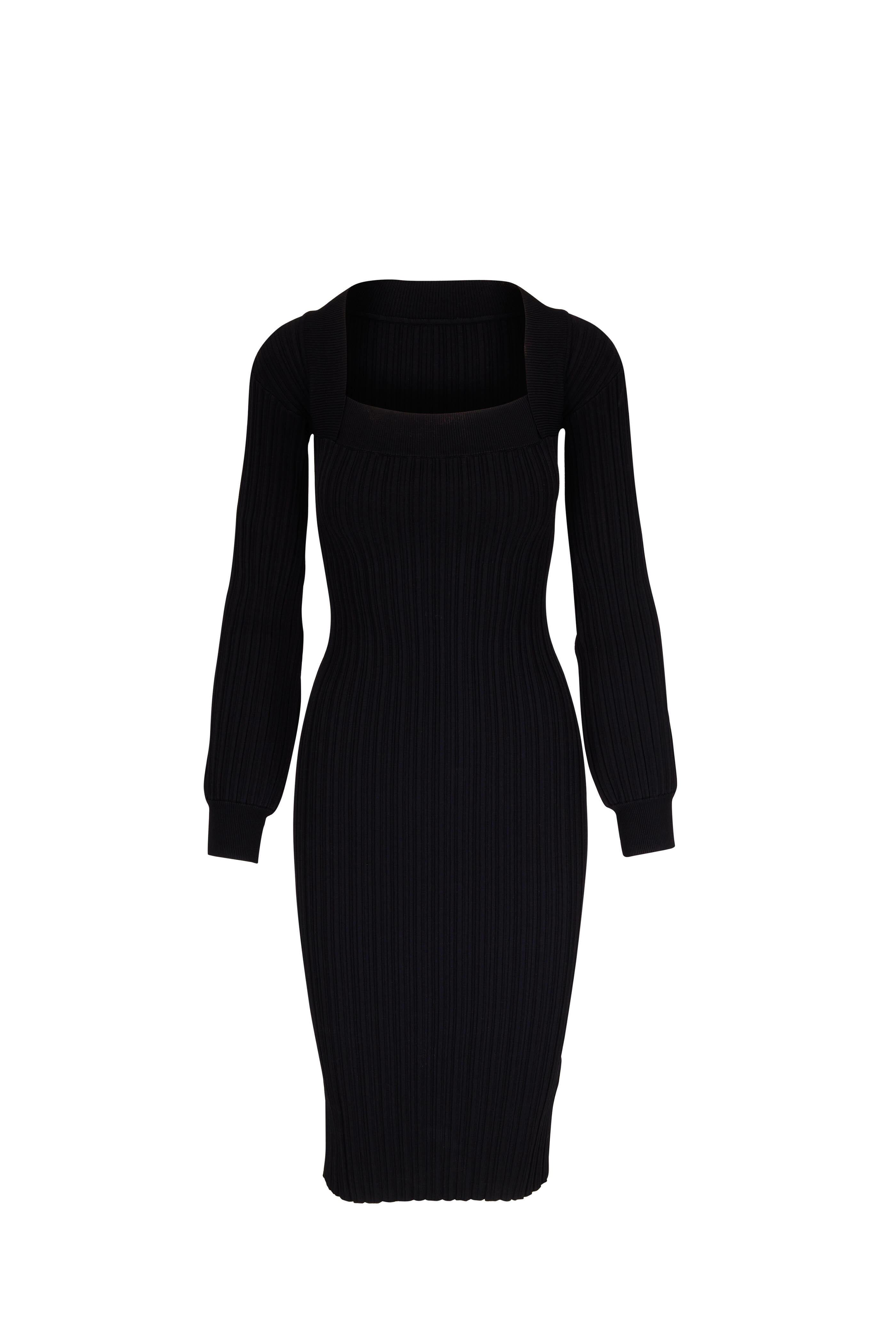 adam lippes knit dresses Women's Black Long Sleeve Dress navy blue high neck satin dress