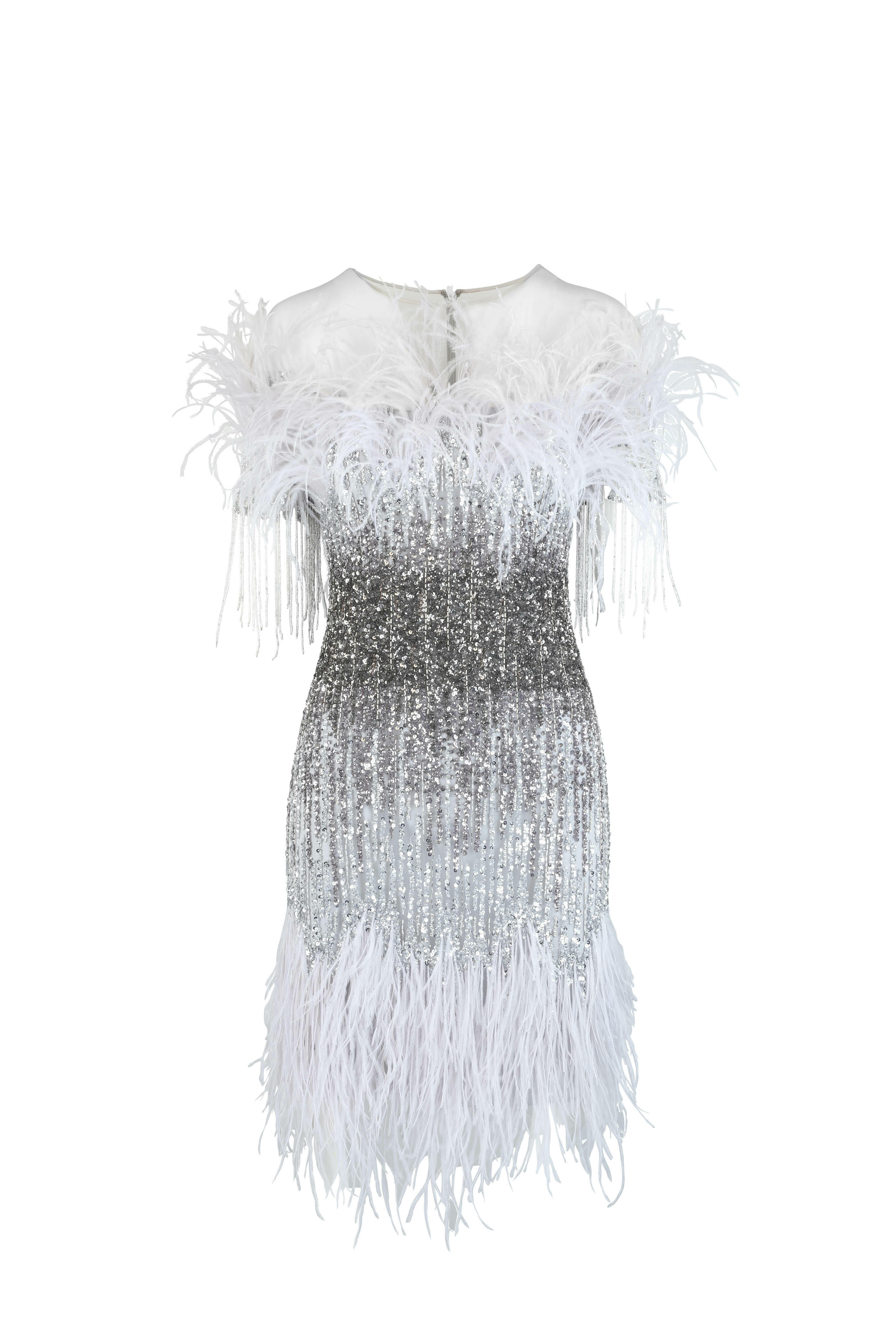 Pamella Roland - Silver & Gunmetal Sequin & Feather Cocktail Dress