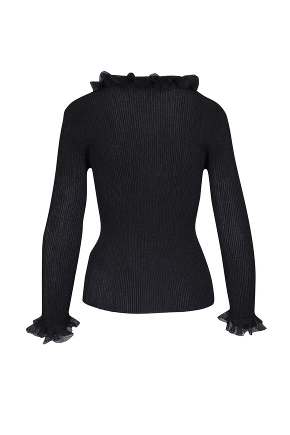 Etro - Black Lurex Ruffle Ribbed Knit V-Neck Top