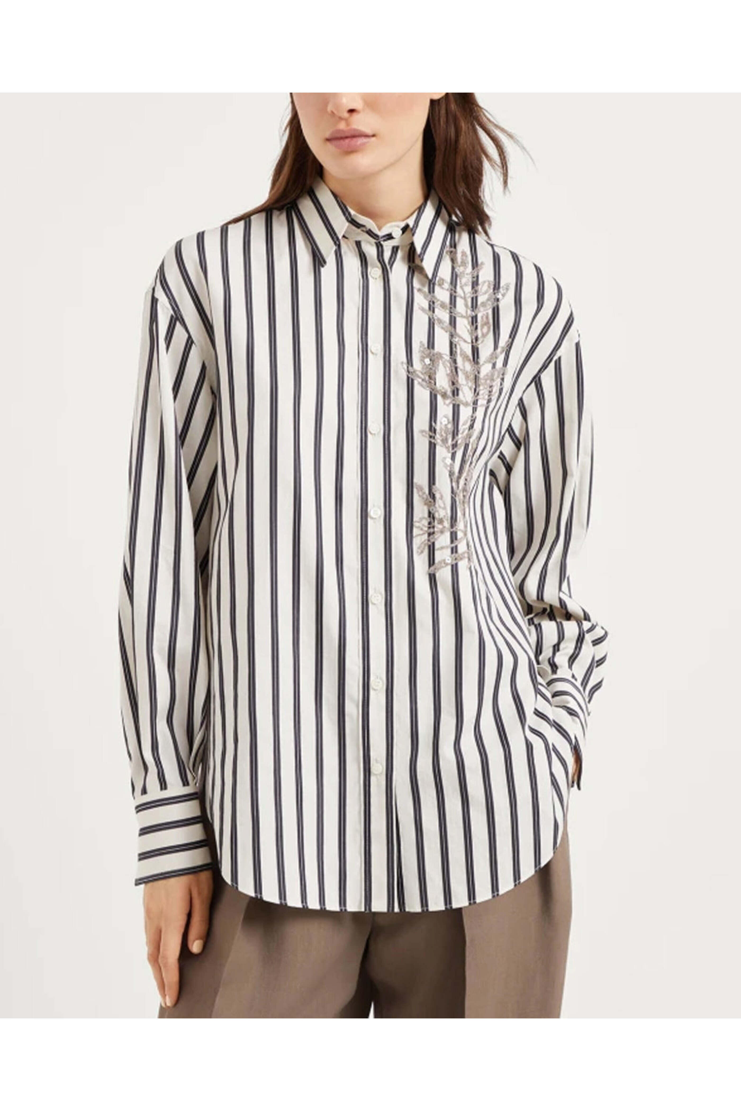 Brunello Cucinelli - White & Black Stripe Herbarium Embroidered Shirt
