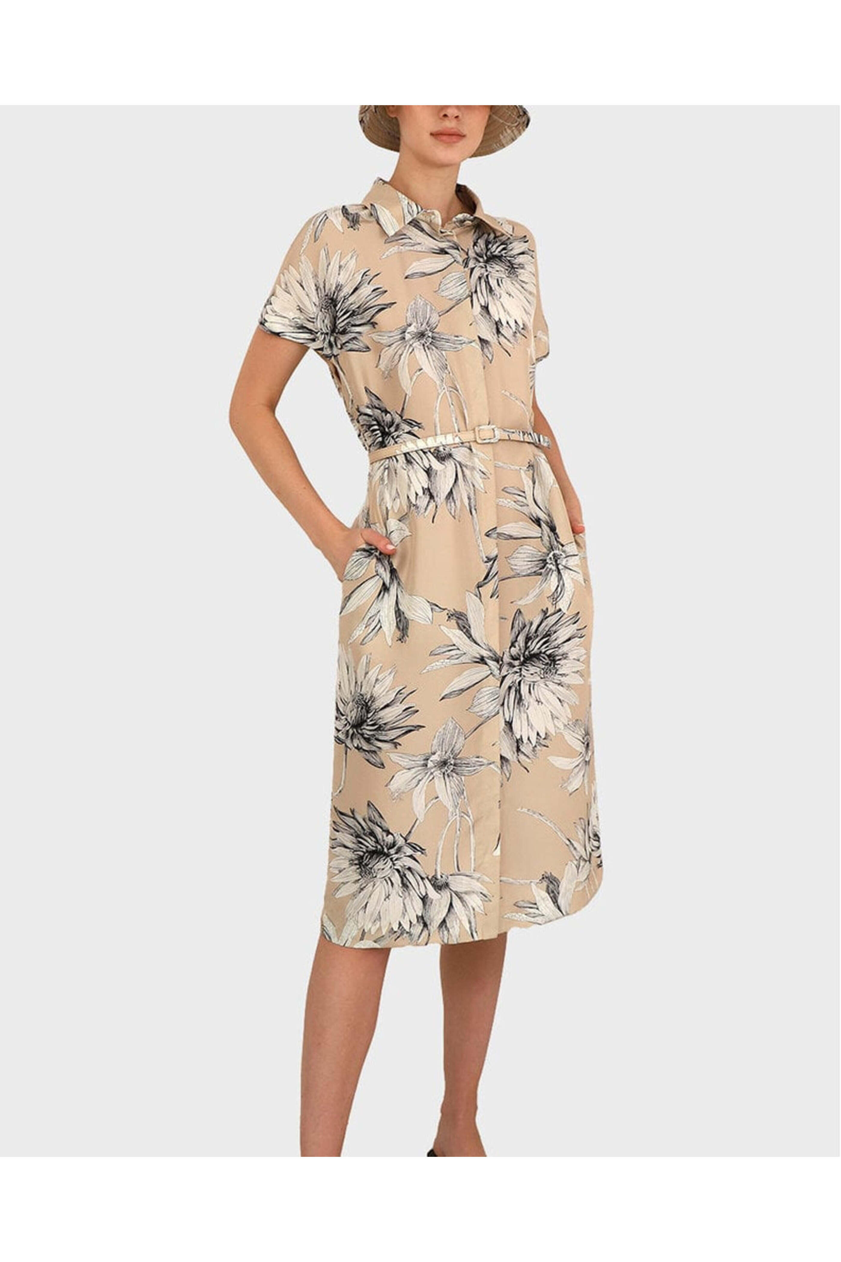 Rani Arabella - Beige Dahlia Belted Shirtdress