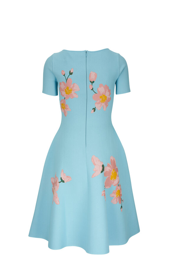 Carolina Herrera - Aqua Floral Boat Neck Flare Dress 