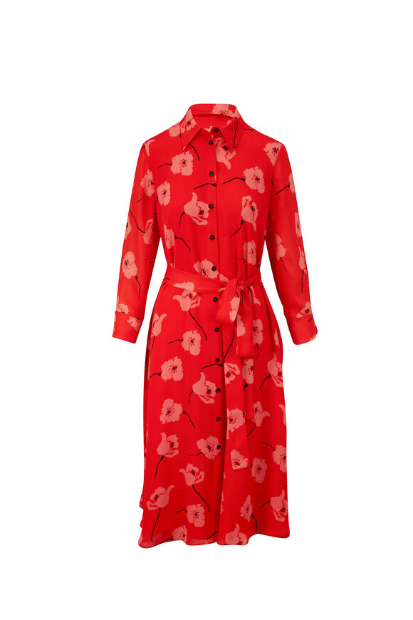 Carolina Herrera - Paprika Multi Silk Floral Tie Waist Shirt Dress