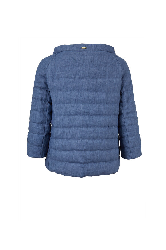 Herno - Blue Linen Three-Quarter Sleeve Puffer Jacket