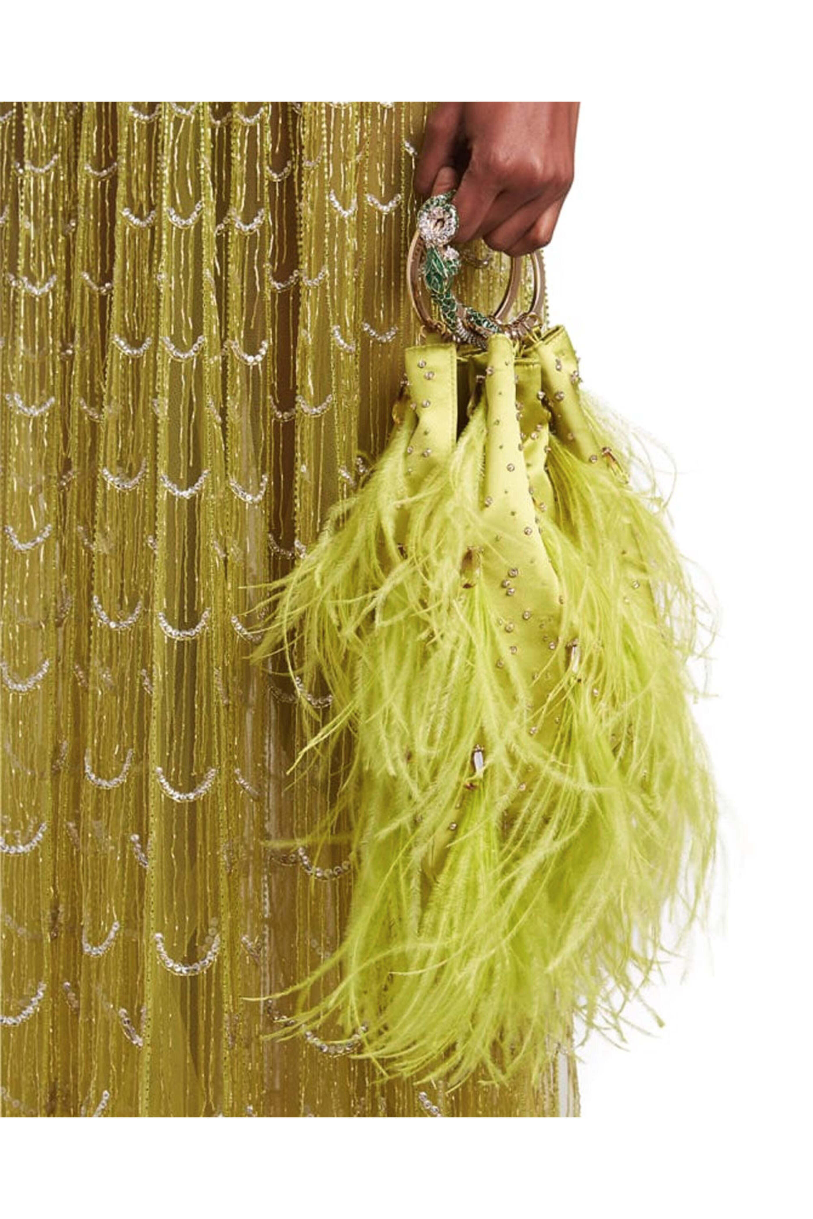Valentino Garavani - Feather Embellished Clutch Bag in Verde Lime