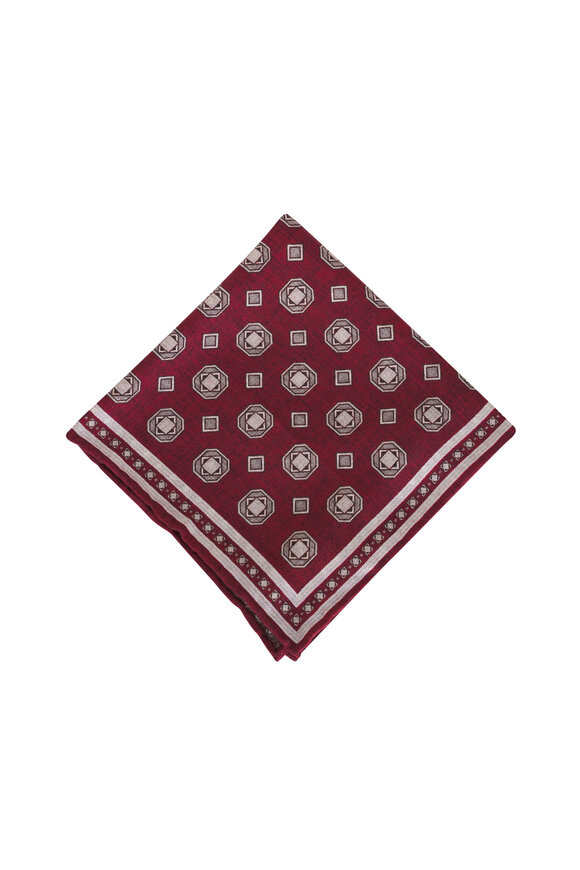 Brunello Cucinelli Red & Brown Geometric Silk Pocket Square