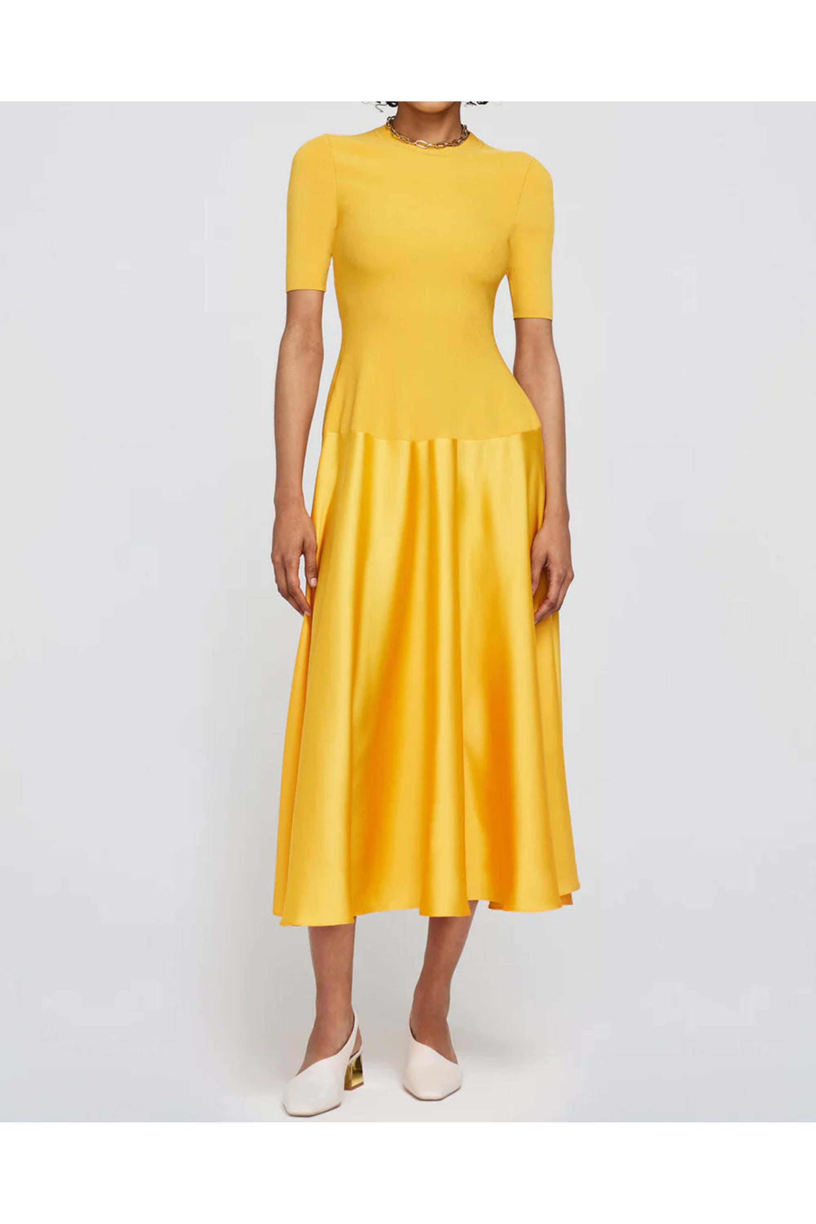 knee length dresses for ladies Crewneck Midi Dress in Hammered Satin – Draper James main image 0