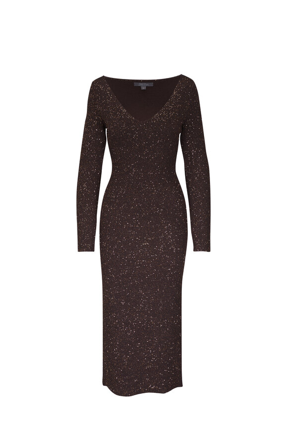 Lela Rose Chestnut Sequin V-Neck Knit Midi Dress