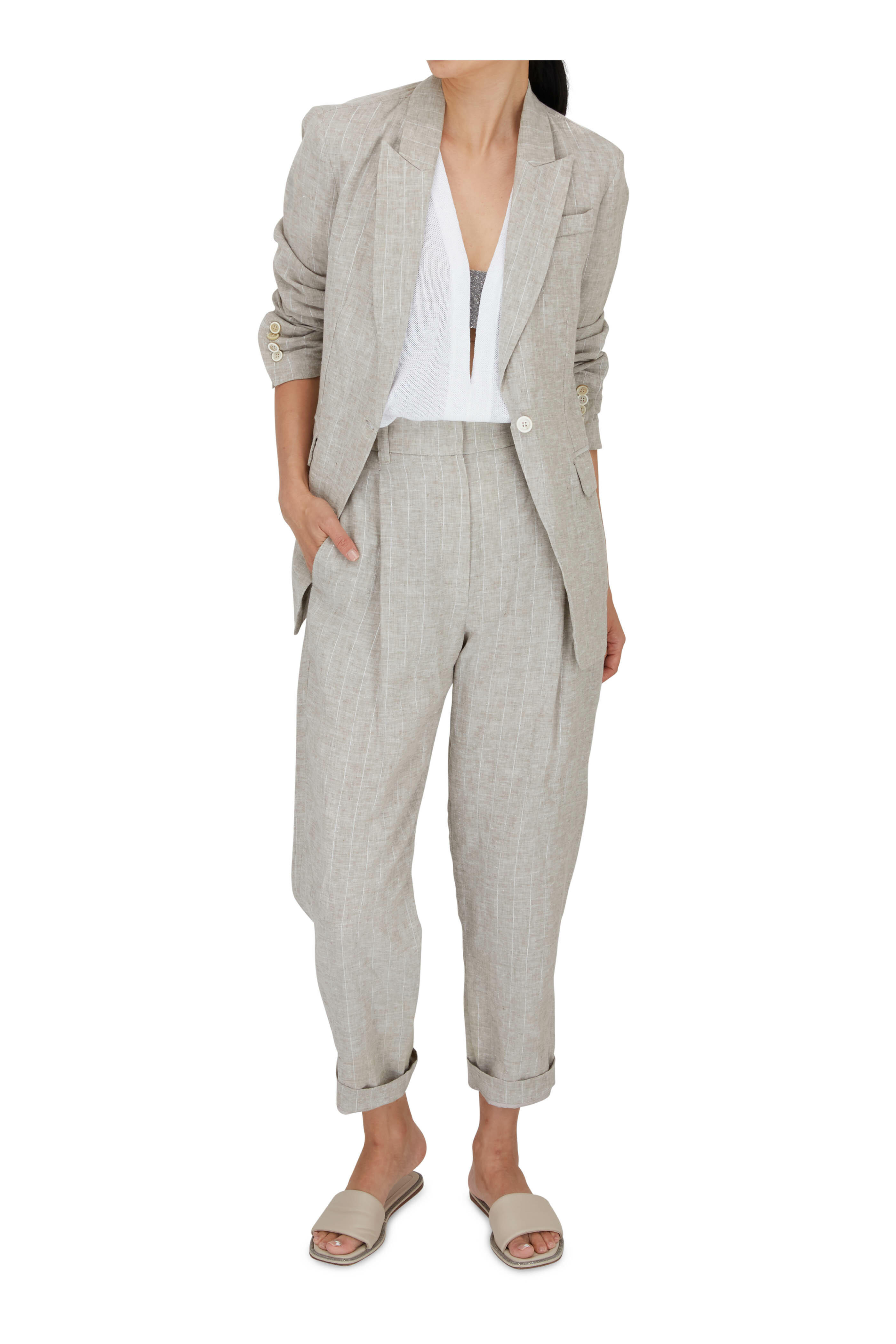Brunello Cucinelli - Brown Pinstripe Straight-Leg Crop Linen