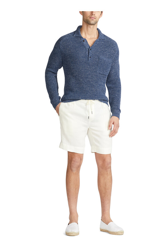 Ralph Lauren Purple Label - Fairfax Blue Ribbed Silk & Linen Polo Sweater