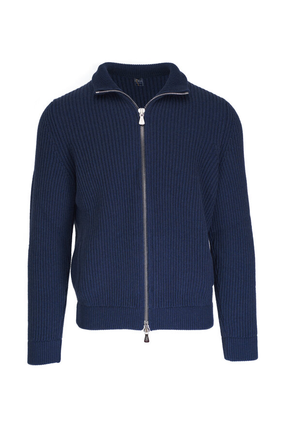 Fedeli Blue Ribbed Cashmere Full Zip Cardigan