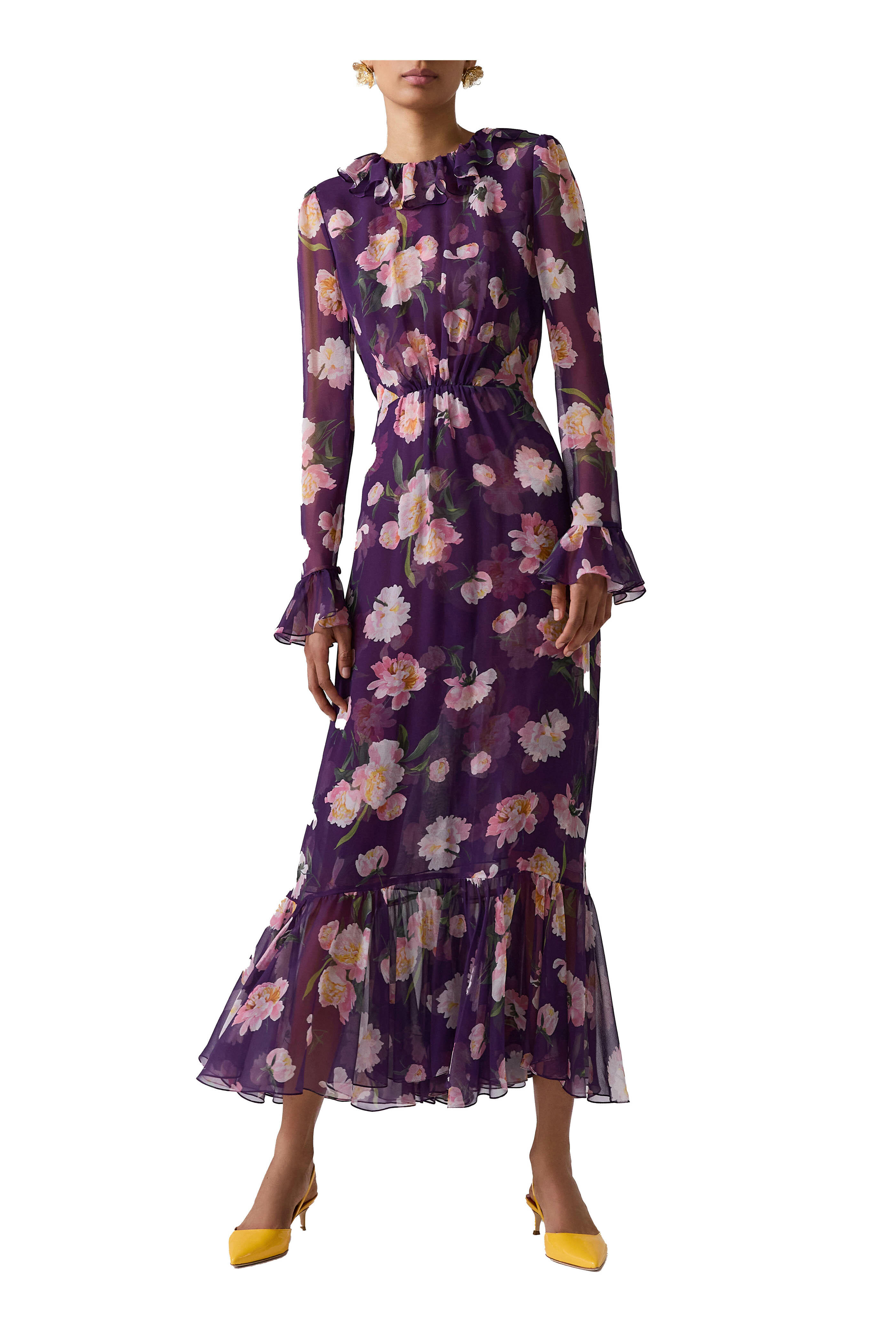 Carolina Herrera - Fig Peony Ruffle Chiffon Midi Dress
