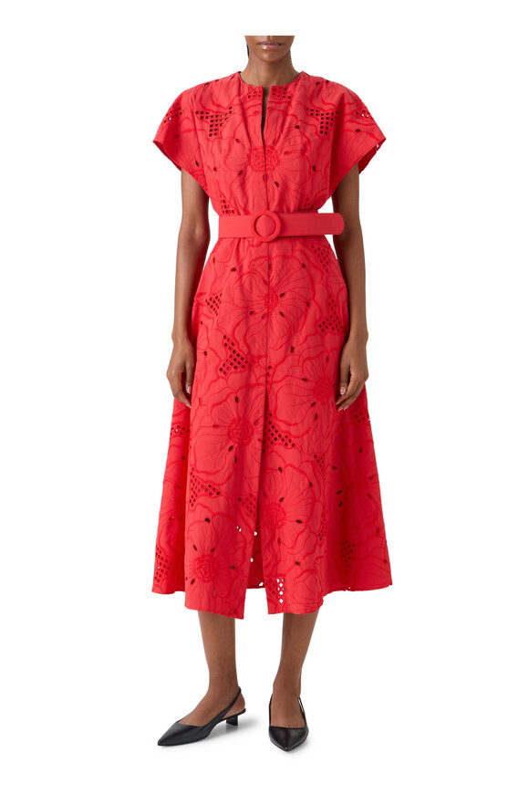 Akris Punto Red Floral Eyelet Embroidered Belted Midi Dress - view 2