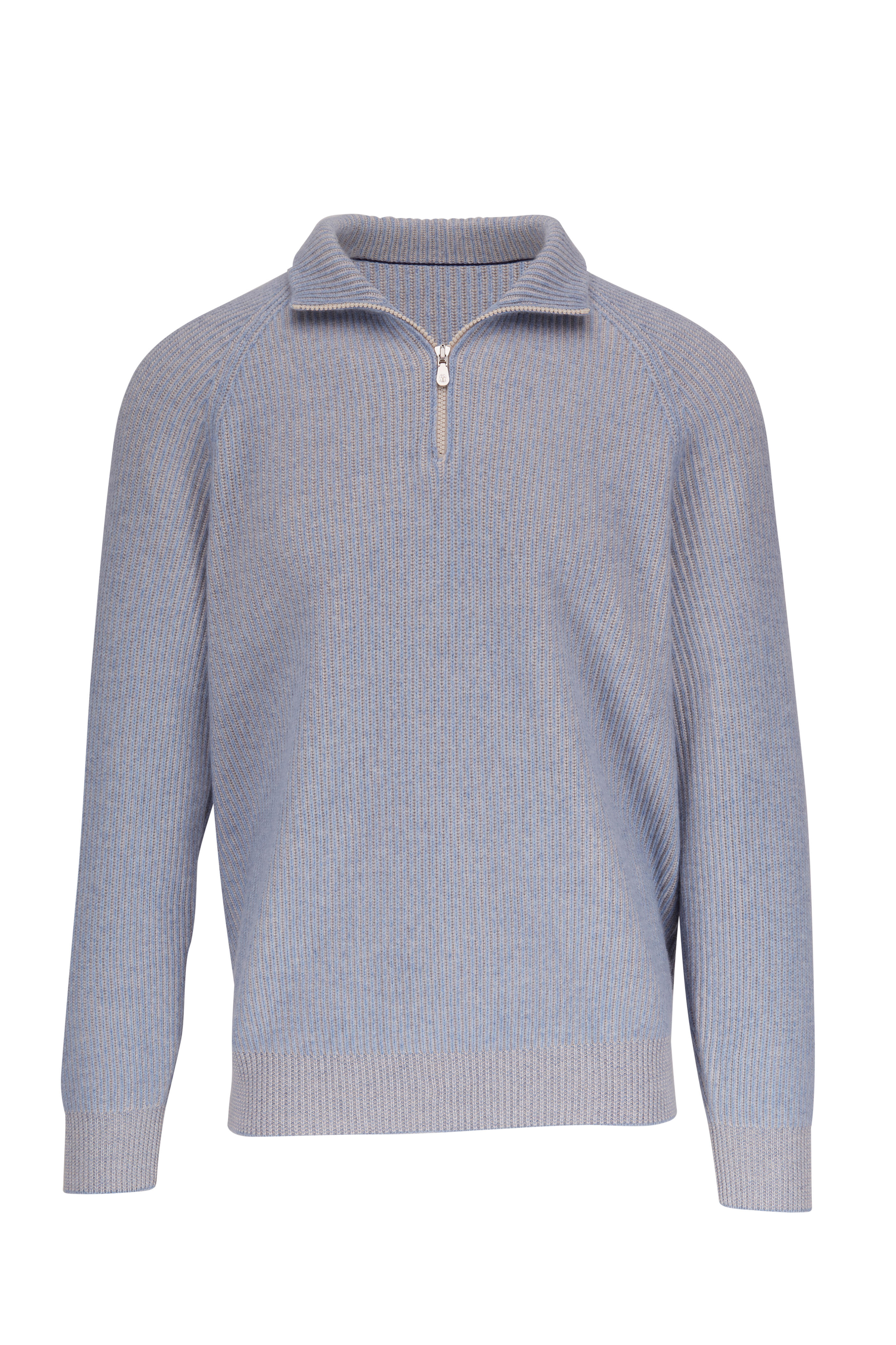 Brunello Cucinelli - Blue Cashmere Vanise Ribbed Quarter Zip Pullover