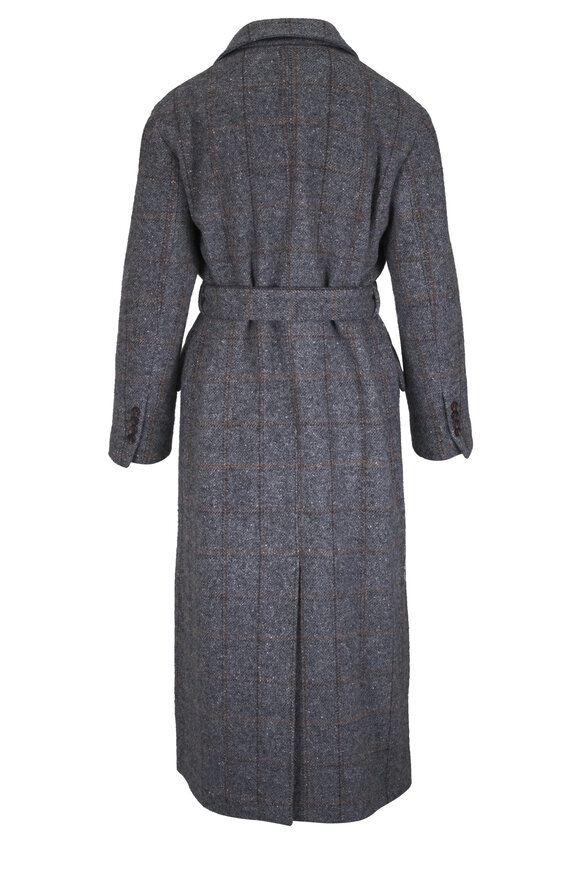 Brunello Cucinelli Gray Plaid Mélange Belted Overcoat - view 3