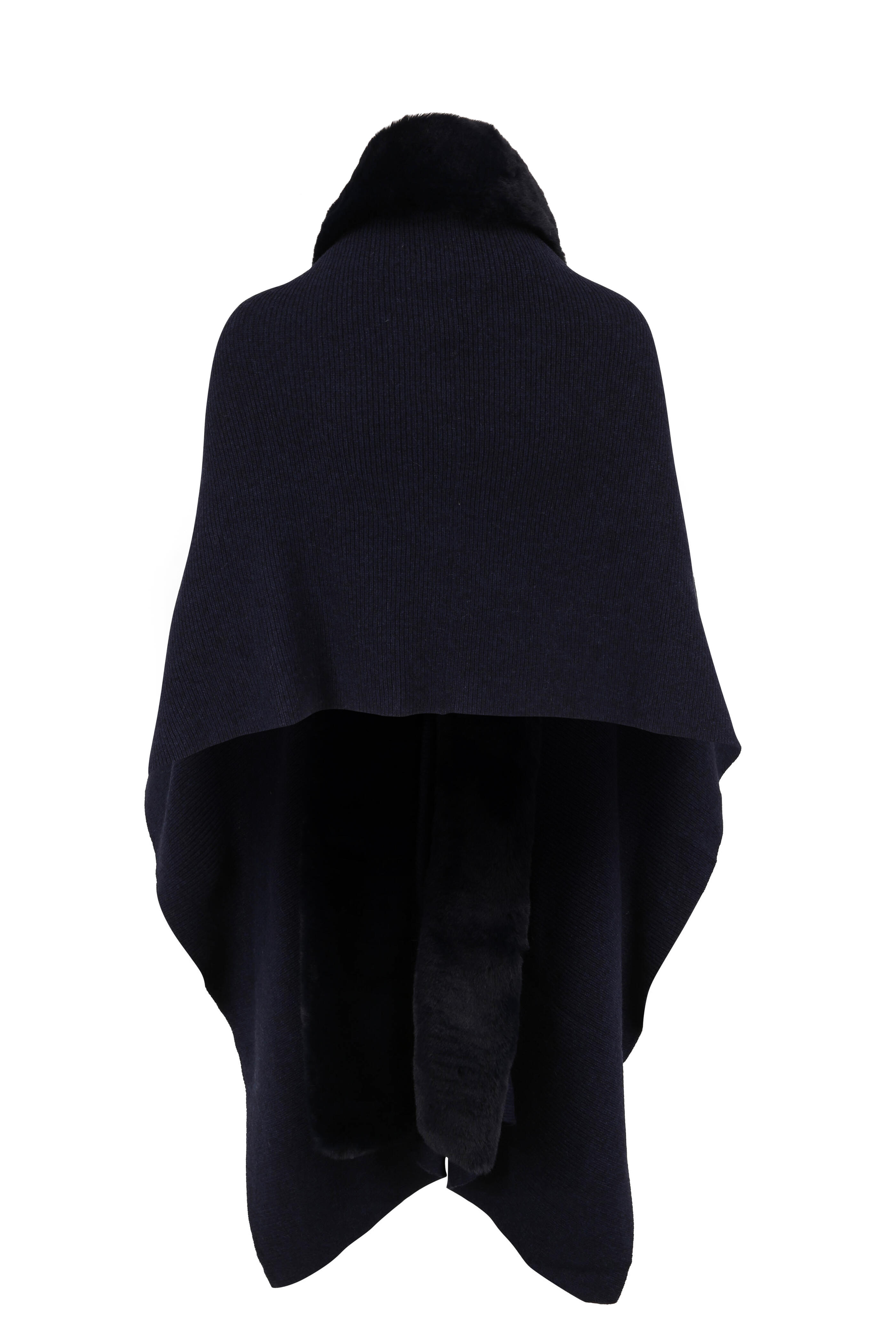 Kinross - Navy Cashmere & Faux Fur Trim Wrap
