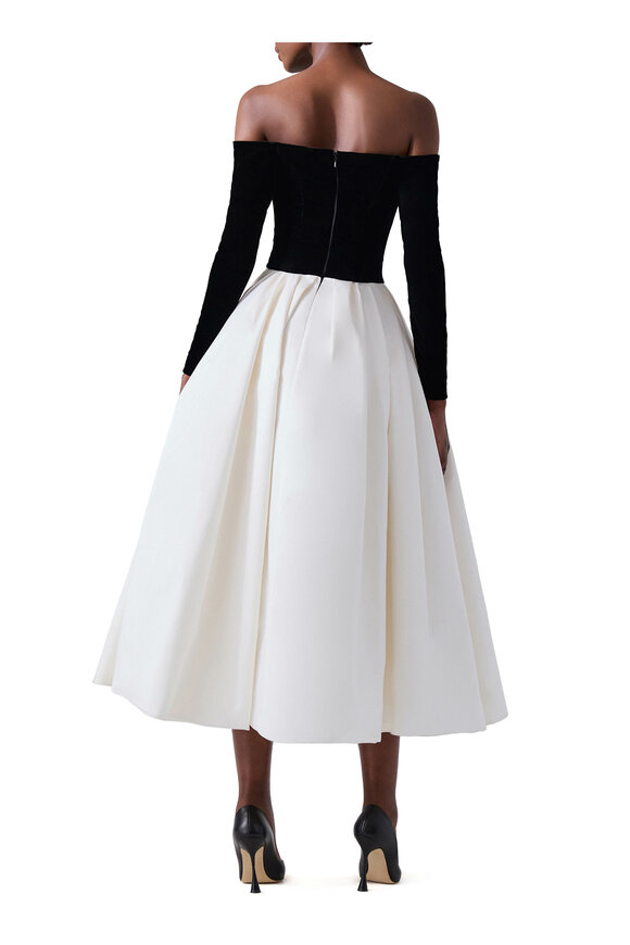 Carolina Herrera - Black & White Long Sleeve Velvet Combo Midi Dress