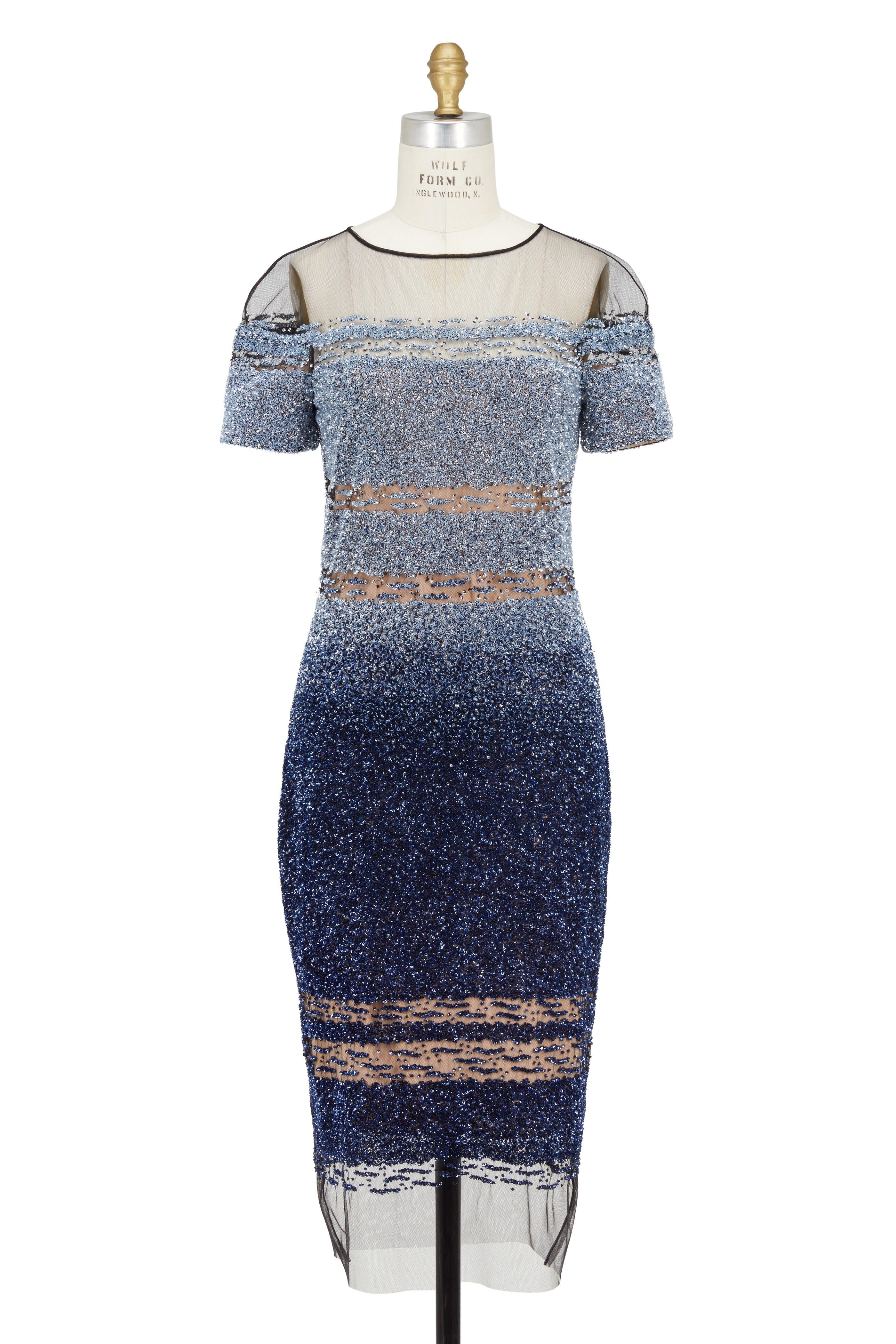 Pamella Roland - Blue Sequin Ombré Short Sleeve Dress