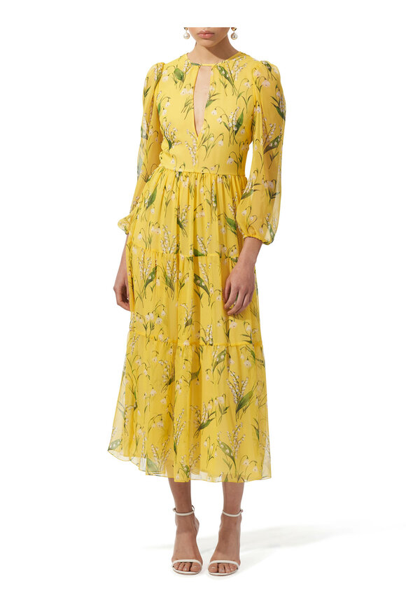 Carolina Herrera - Yellow Floral Cutout Tiered Midi Dress  