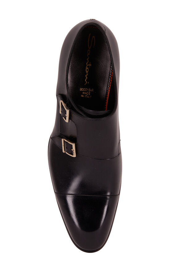 Santoni - Ira Black Leather Cap Toe Double-Monk Shoe